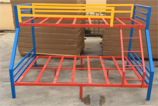 Double Bed Frame Bunk Bed with Staircase and Full Length Guardrail Red Yellow Blue Metal