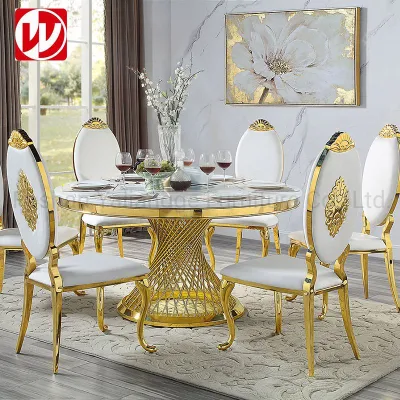 Modern Design Dining Room Furniture Marble Dining Table with Gold Stainless Steel Banquet Chairs