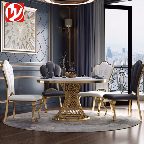 Modern Design Dining Room Furniture Marble Dining Table with Gold Stainless Steel Banquet Chairs